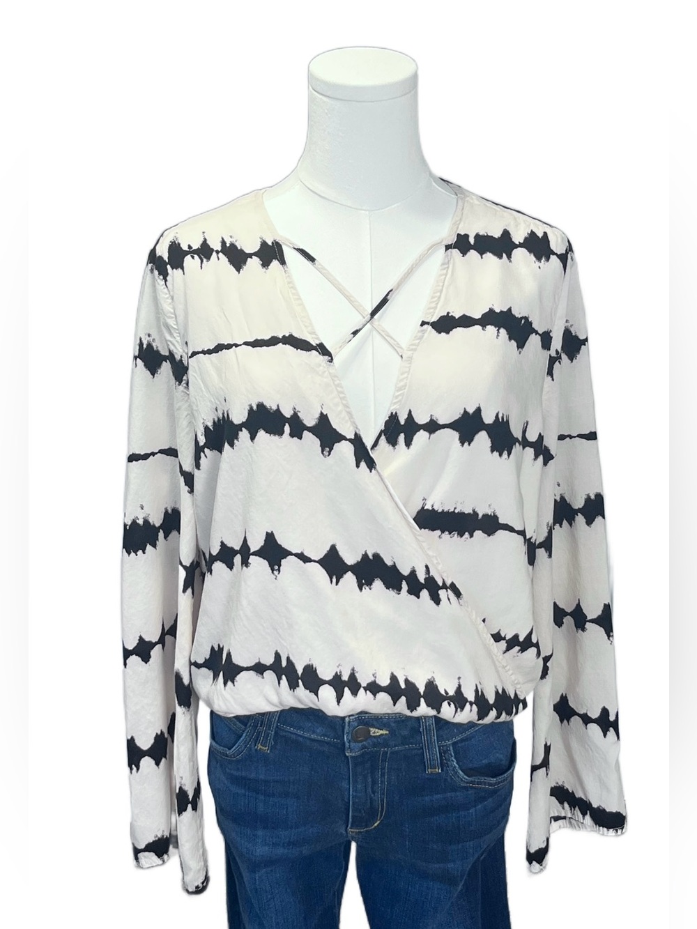 Lulu's Black & White Striped Wrap V-Neck Blouse Size S